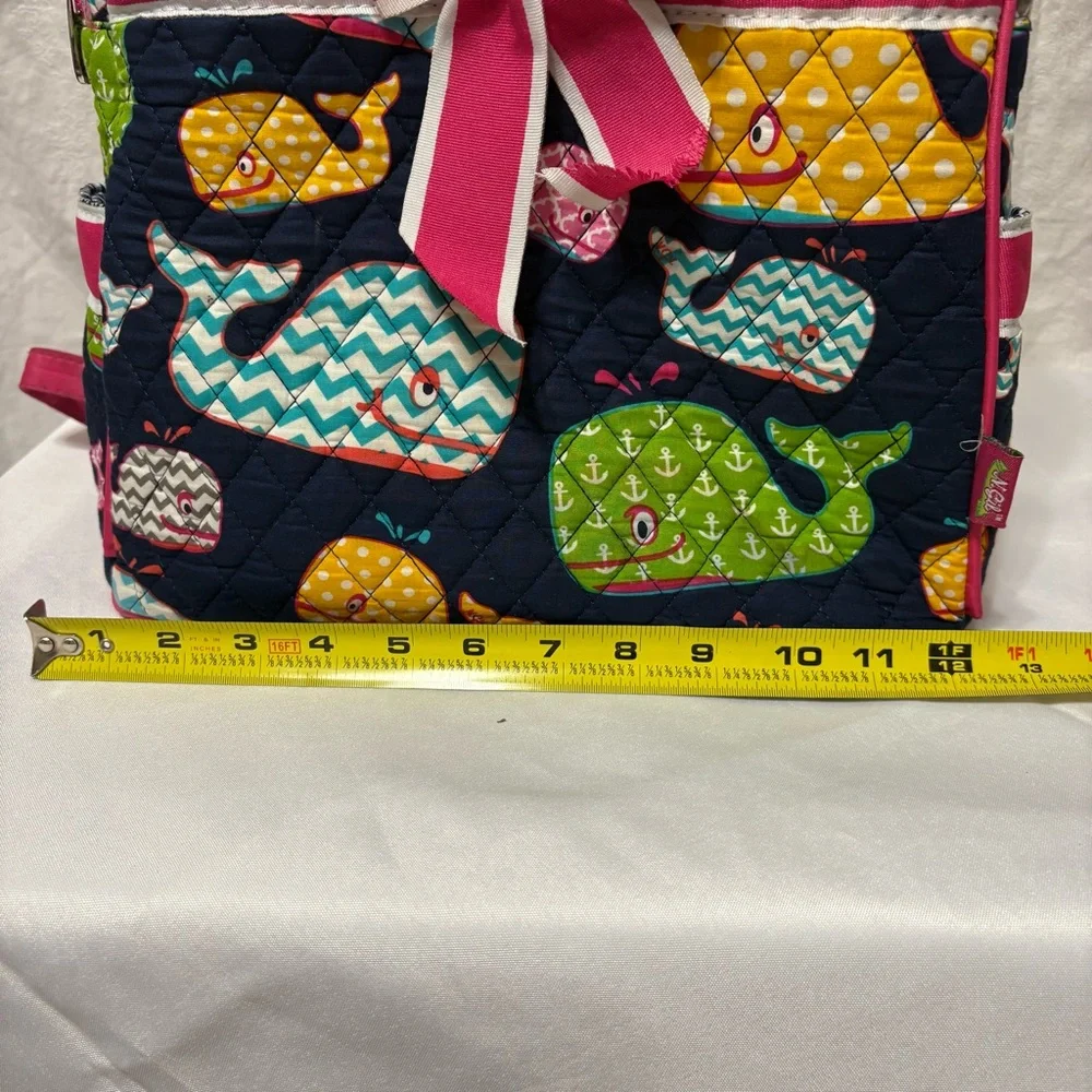 N.Gil Narwhal World quilted canvas backpack/diaper bag with whales and pink trim